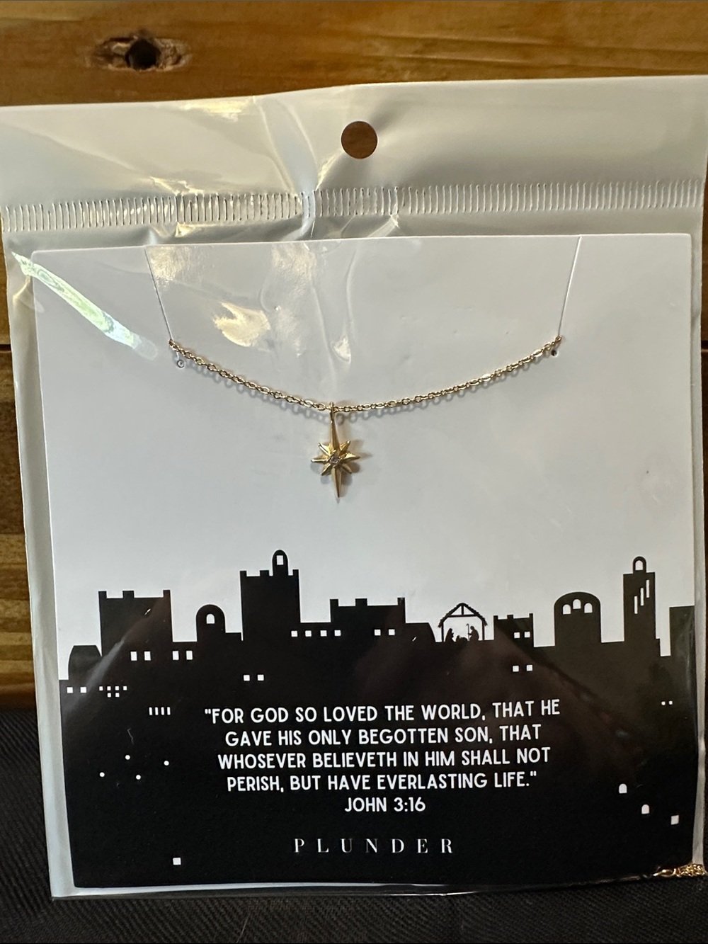 Plunder Northstar Christmas necklace with verse John 3:16